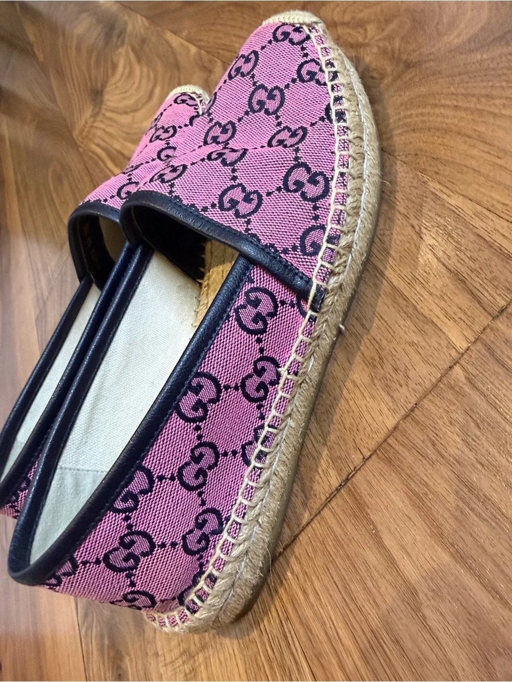 Gucci Pink GG Canvas Espadrilles with Black Trim